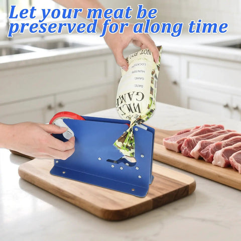 Sealing ground pork in 300 Count Ground Pork Freezer Bags 1Lb with tape sealer on kitchen counter.