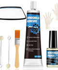 Polyurethane Windshield Adhesive and Primer Kit for Quick Curing Weather Resistant Bonding on Vertical and Overhead Auto Glass High Strength Car Window Sealant for Repairs and Secure Installations, showing adhesive, primer, applicators, gloves, and a model windshield.