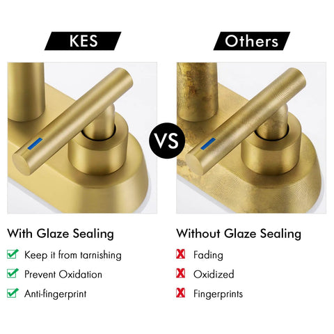 Comparison of brushed gold bathroom faucet with glaze sealing versus without, highlighting anti-oxidation and anti-fingerprint benefits.