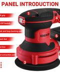 Heavy Duty 5-Inch Orbital Sander With Dust Collection, 14,000 RPM, 6 Variable Speeds, 16 Sandpapers Included, shown with labeled features.