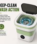 Deep clean wash action in Road Ready Foldable Mini Washing Machine, 20 Liter Capacity, Matte Green, showcasing strong water flow.