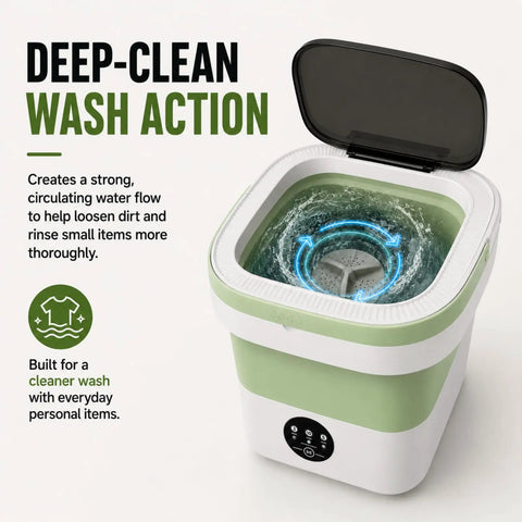 Deep clean wash action in Road Ready Foldable Mini Washing Machine, 20 Liter Capacity, Matte Green, showcasing strong water flow.