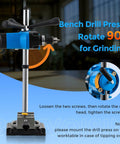 Benchtop Drill Press For Woodworking With Square Hole Mortising Converts Into A Mortiser With Square Bit shown rotating 90 degrees.