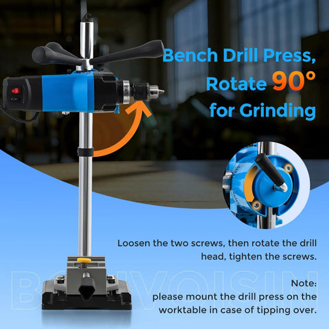 Benchtop Drill Press For Woodworking With Square Hole Mortising Converts Into A Mortiser With Square Bit shown rotating 90 degrees.