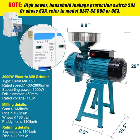 3000W Wet And Dry Grain Grinder Mill For Rice, Corn, Coffee, Wheat And Feed With Funnel, Heavy Duty 110V Commercial Electric Grinder
