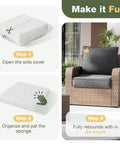 Instructional steps for setting up Replacement Outdoor Cushions Set For Patio Furniture, showing cushion assembly and installation on chair.