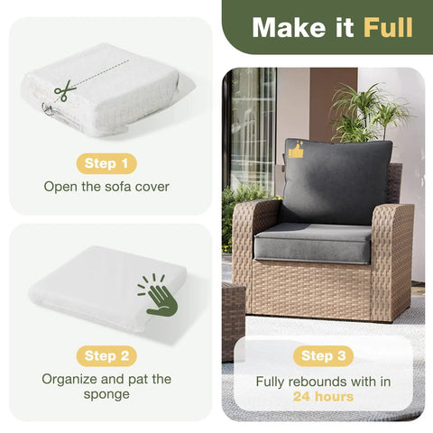 Instructional steps for setting up Replacement Outdoor Cushions Set For Patio Furniture, showing cushion assembly and installation on chair.