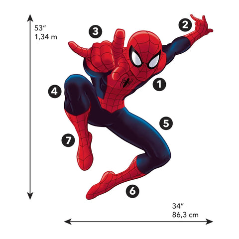 Spider-Man Wall Decals Peel And Stick Giant Set For Bedrooms And Playrooms, 17 Pieces, jumping pose, 53 inches high decal