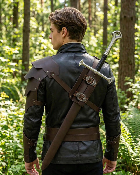 Back view of Two In One Medieval Shoulder Armor With Back Sword Frog Holder Pauldrons And Sword Holster, faux leather, in forest setting