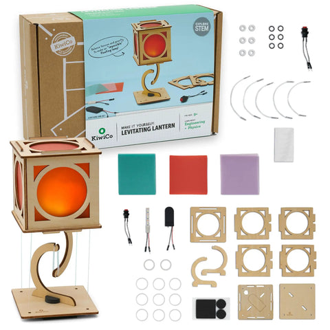 Components of Levitating Lantern STEM Kit for Kids 9 Plus with wooden lamp, tensegrity base, and wiring elements displayed