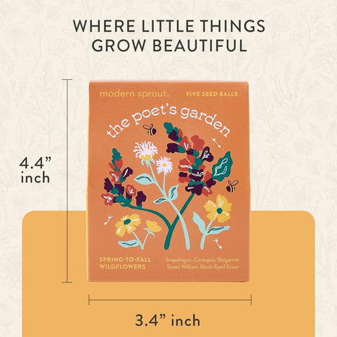 Front view of 'the poet's garden' seed ball pack showing design and dimensions, part of Seed Ball Kit Bundle Pack Of 3 Hand Rolled Wildflower Bombs Non GMO Mix For Annual And Perennial Blooms Perfect Garden Gift For Gardeners Party Favors Wedding Favors Plant Now Made In USA Bee Friendly And Easy To Use.
