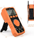 Digital Multimeter TRMS 6000 Counts Auto Ranging DMM With NCV Backlight And Flashlight shown standing with test leads.