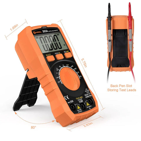 Digital Multimeter TRMS 6000 Counts Auto Ranging DMM With NCV Backlight And Flashlight shown standing with test leads.