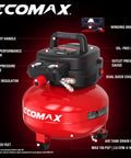 Red 6 Gallon Pancake Air Compressor 150 PSI Portable Oil Free With 10 Piece Accessory Kit, showing motor and pressure gauges