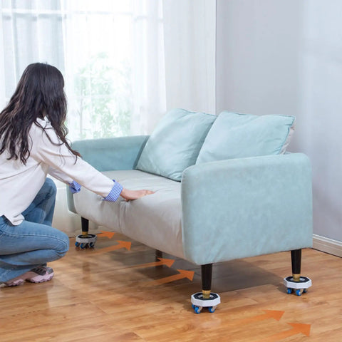 Heavy Duty Furniture Sliders And Appliance Moving Wheels With Reinforced Metal Build and Dual Ball Bearings under a sofa for easy movement on hardwood.