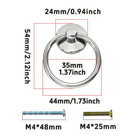 8Pcs Modern Drop Ring Drawer Pull Handles Zinc Alloy 54mm Total Length Silver Tone With 2 Mounting Screws Dimensions