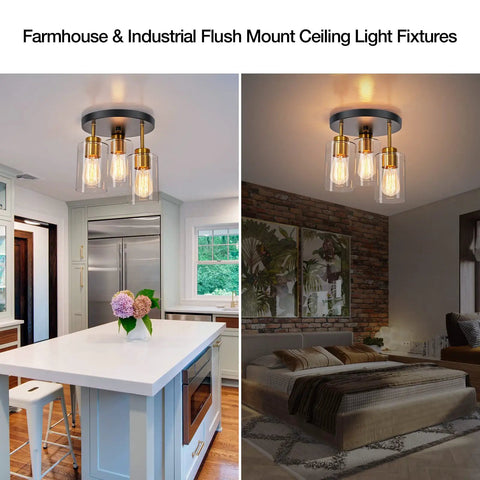 Black And Gold Semi Flush Mount Ceiling Light Three Light Fixture With Clear Glass Shades For Hallway Entryway And Bedroom Kitchen Farmhouse Industrial Gold Brass Dope Modern Style in kitchen and bedroom settings