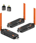 Wireless HDMI Transmitter With Two Receivers And Up To Six Displays Simultaneously 165 Feet 5.8GHz Range showing kit components.