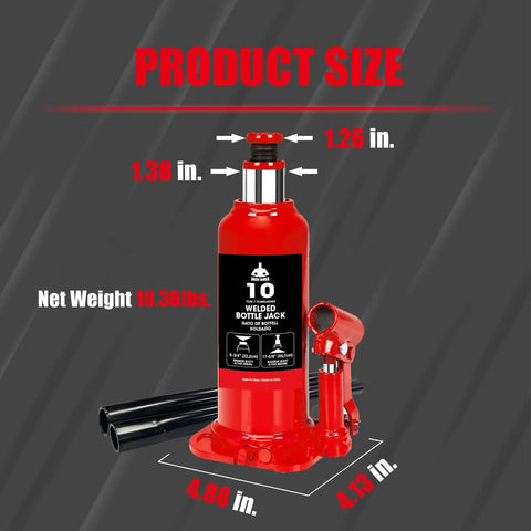 10 Ton Bottle Hydraulic Jack With 20,000 Lbs Capacity And Adjustable Screw Top Extension, Built In Oil Bypass Safety
