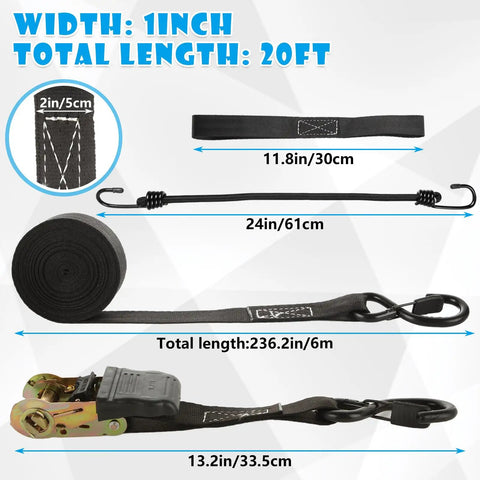 Diagram of Heavy Duty 1 Inch Ratchet Straps 4 Pack With Durable Hooks 20 Foot Tie Downs showing dimensions and components.