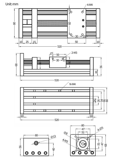 Technical drawing of 400mm Travel CNC Linear Stage Actuator With 1605 Ball Screw Double Optical Axis Rails Nema23 Stepper Motor