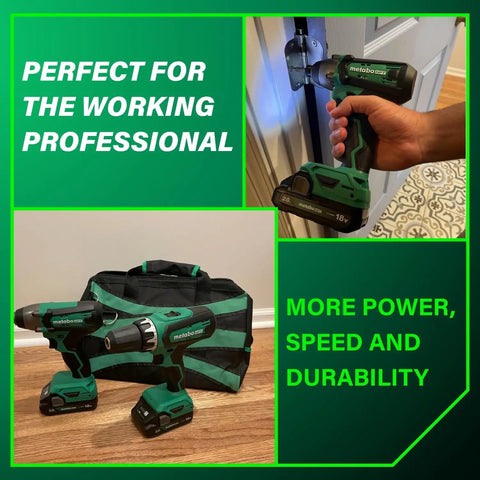 18V MultiVolt Cordless Hammer Drill And Impact Driver Combo Kit with 2 Lithium Ion Batteries, charger, carrying bag displayed
