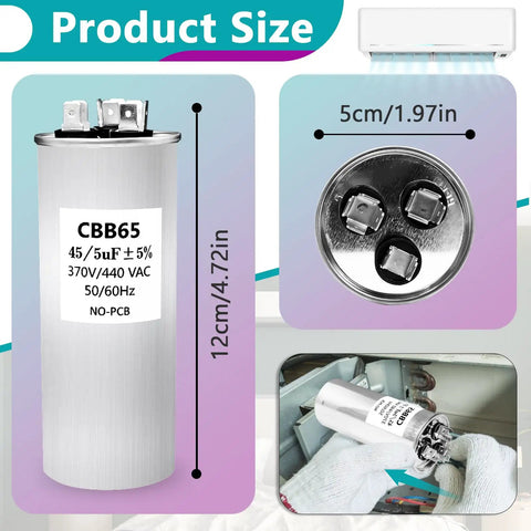 Two Pack 45 Plus 5 MFD Round Dual Motor Run Capacitors 440/370V For Air Conditioners Compressors Heat Pumps Condensers