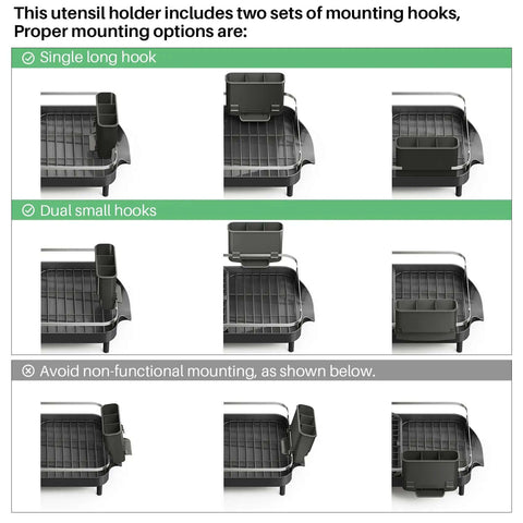 Expandable Dish Drying Rack For Kitchen Counter With Drainboard And Utensil Holder showing proper and improper mounting options