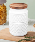 Vintage Embossed Glass Canisters With Solid Wooden Lids Airtight Storage Jars, 1800Ml, round design for coffee and tea.