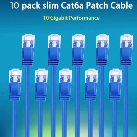 Blue Slim Cat6a Patch Cables 1ft 10 Pack, showing snagless connectors for patch panel to switch connections, ultra flexible, 10G ready.