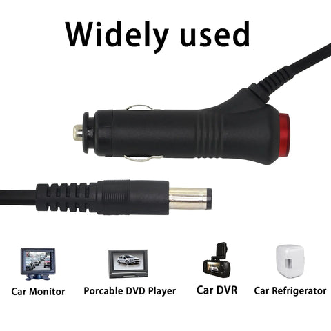 12V DC Auto Cigarette Lighter Power Adapter Cable With 5.5X2.1MM DC Plug And Switch Button, shown connecting various devices in a car.