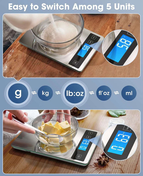 Digital Kitchen Scale With 22Lb Capacity, Precise 1g And 0.1oz Increments, showing unit options on stainless steel platform