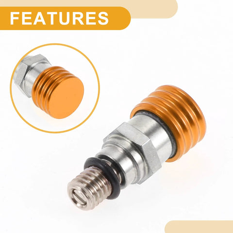 Close-up of 2 Pack M5x0.8 Universal Motorcycle Fork Bleeder Screws For Dirt Bikes And Motocross Air Bleeder Valve Heavy Duty Metal Orange Hardware Fits Most Forks