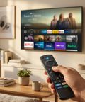 Person using Universal Voice Control Remote For Fire TV Smart TVs, Plug And Play Setup with TV streaming apps on screen