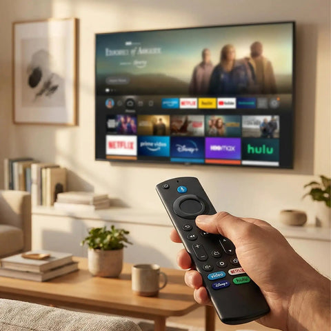 Person using Universal Voice Control Remote For Fire TV Smart TVs, Plug And Play Setup with TV streaming apps on screen