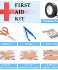 First aid kit components including scissors, tweezers, safety pins, bandages, and electrical tape; not related to Roadside Rescue Kit