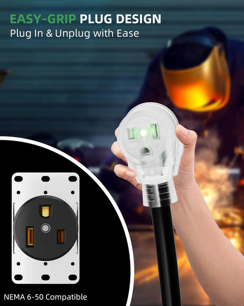 25 Feet 250V Welder Extension Cord With LED Indicator, Heavy Duty 10 AWG SJTW Outdoor Welding Cable, NEMA 6-50P To 6-50R, 30 Amp 3 Prong Power Extension for Welding Rigs, Black with easy-grip plug