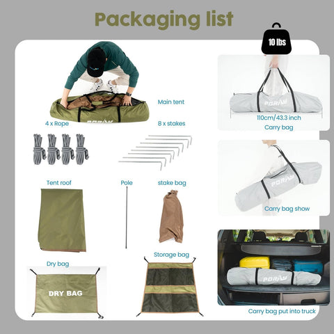 Portable Camping Shower Tent Deluxe Privacy Shelter With Two Rooms And Floor Drain Pop Up No Tool Setup packaging contents