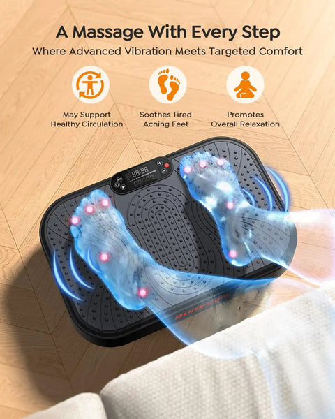 Full Body Vibration Plate For Home Workouts With 99 Adjustable Speeds features massage for feet on a wooden floor