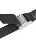 Close-up of Heavy Duty Lashing Straps With Cam Buckle 1.5 Inch Wide 4 Feet Long Continuous Loop No Hooks Made In USA 300 Pound Working Load Limit 2 Pack For Motorcycle ATV Cargo Coolers And RV Battery Tie Downs showing metal buckle