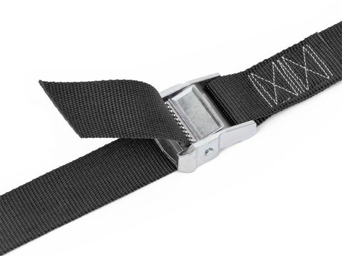 Close-up of Heavy Duty Lashing Straps With Cam Buckle 1.5 Inch Wide 4 Feet Long Continuous Loop No Hooks Made In USA 300 Pound Working Load Limit 2 Pack For Motorcycle ATV Cargo Coolers And RV Battery Tie Downs showing metal buckle