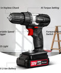 Heavy Duty 20V Cordless Drill And Screwdriver Set With A Smooth 3 8 Inch Chuck, showing variable speed trigger and LED light.