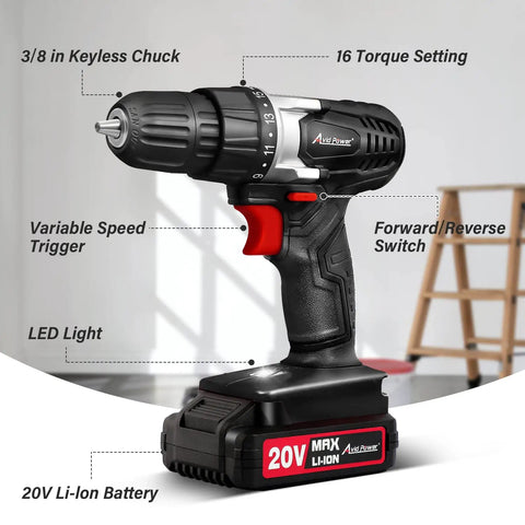 Heavy Duty 20V Cordless Drill And Screwdriver Set With A Smooth 3 8 Inch Chuck, showing variable speed trigger and LED light.