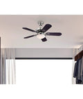 36 Inch Brushed Nickel Ceiling Fan With Dimmable LED Light And Opal Frosted Glass, Reversible Wengue And Silver Blades in a room