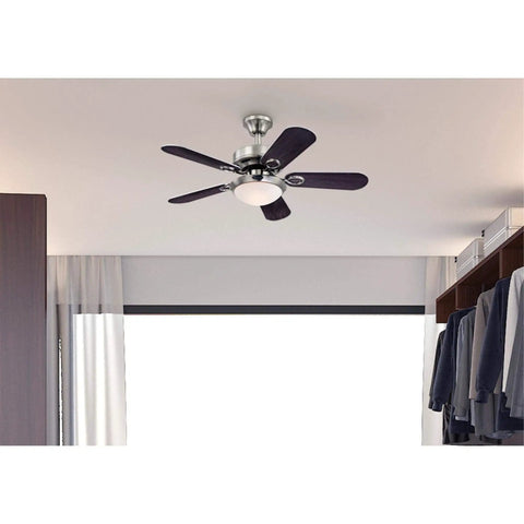 36 Inch Brushed Nickel Ceiling Fan With Dimmable LED Light And Opal Frosted Glass, Reversible Wengue And Silver Blades in a room