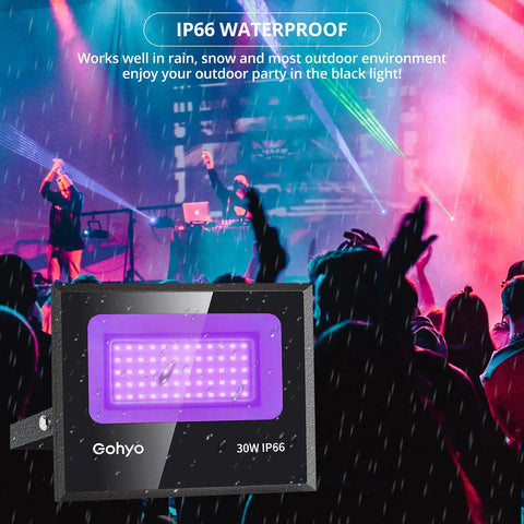 Two Pack 30W UV Black Lights With 60 LEDs Each, IP66 Waterproof Flood Lights in use at a vibrant outdoor party.