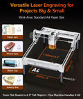 12W laser engraving machine front view with silver frame and orange A4-sized work bed.
