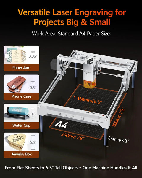 12W laser engraving machine front view with silver frame and orange A4-sized work bed.
