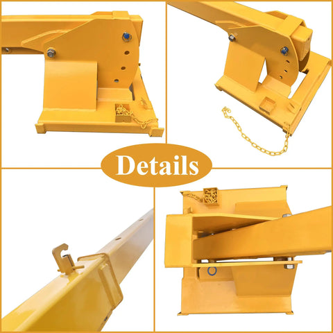 Top Shelf Forklift Jib Boom Crane 6600 Lb Capacity details showing heavy duty yellow steel construction for warehouses.