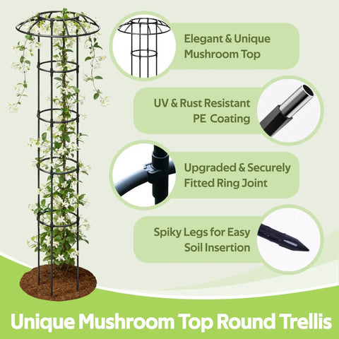 Outdoor Garden Trellis For Climbing Plants With Umbrella Top Round Obelisk 64 Inch Tall Rustproof PE Coated Metal Pipe Ideal Support